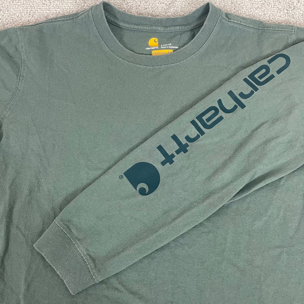 Carhartt T Shirt Womens Large 12 14  Long Sleeve Logo Graphic Green